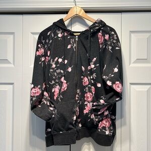 Torrid Charcoal and Pink Floral Zip-Up Hoodie
